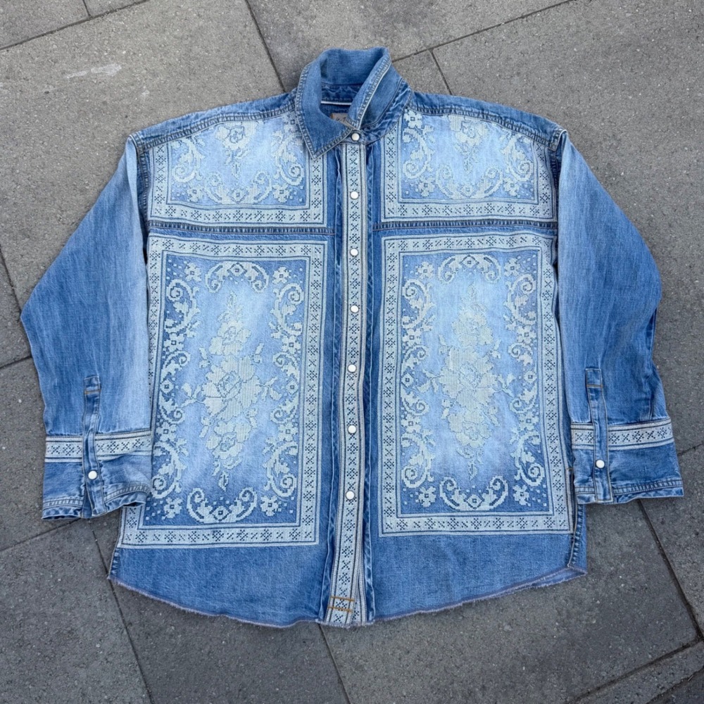 We The Free Free People Embroidered Denim Shirt Lace Floral Blue XS Oversized